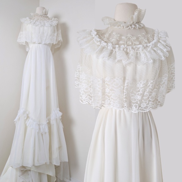 70s Wedding Gown Floor Length Train Edwardian Capelet Lace Collar Bishop Sleeves - Picture 1 of 15